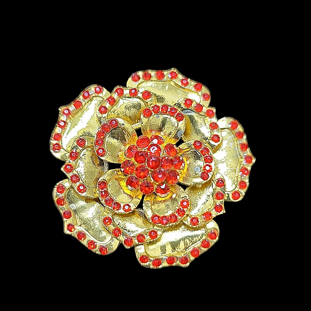 Vintage Goldtone Flower Brooch Pin with Red Rhinestones 2" Diameter